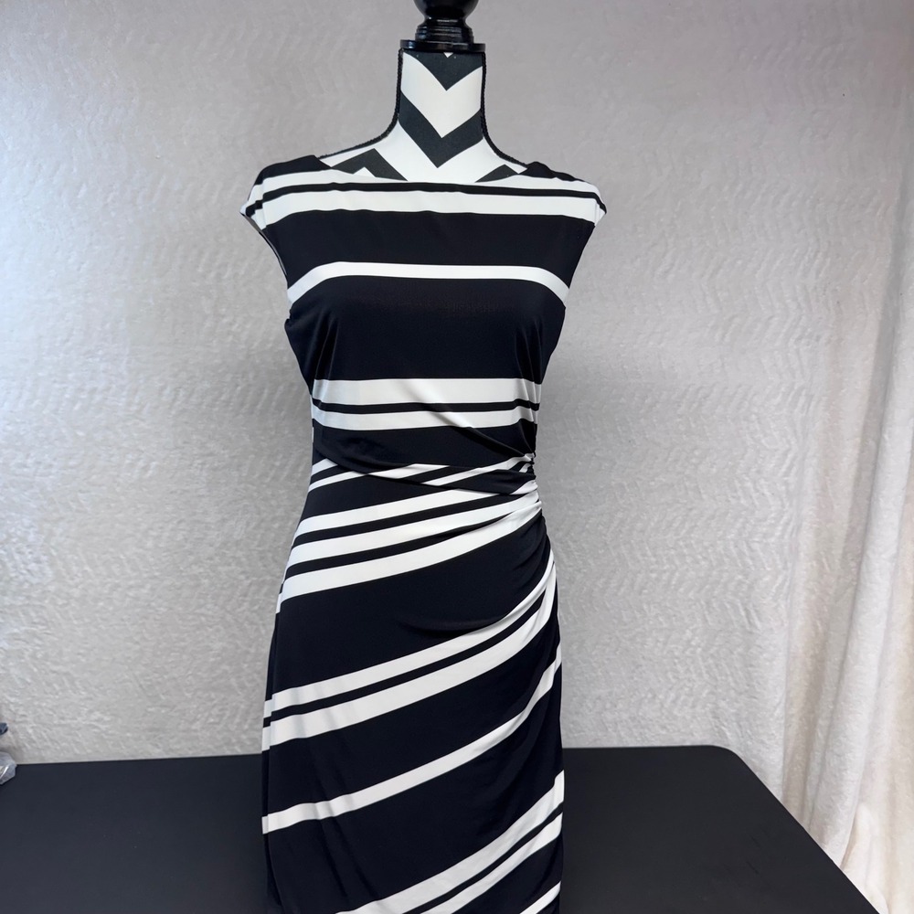 Lauren Ralph Lauren Black White Striped Ruched Sheath Dress Size 4 Sleeveless